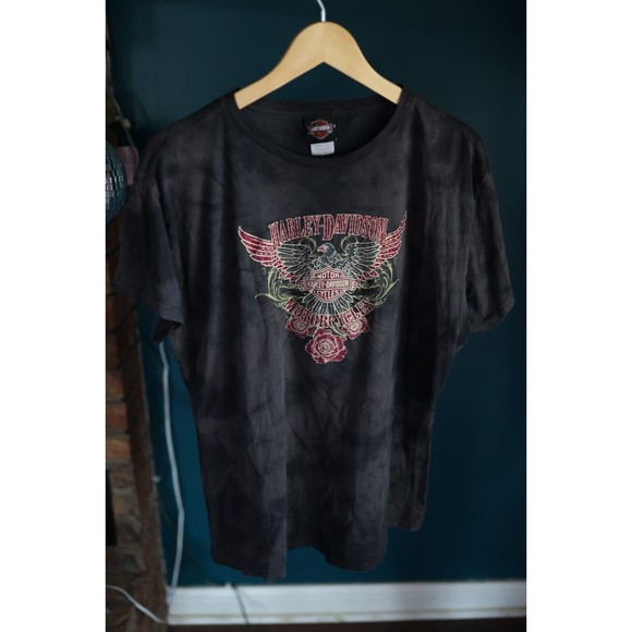 Harley-Davidson Tops - Harley Davidson Womens Motorcycles Bird Flower Black Tie Dye Size 3x Shirt